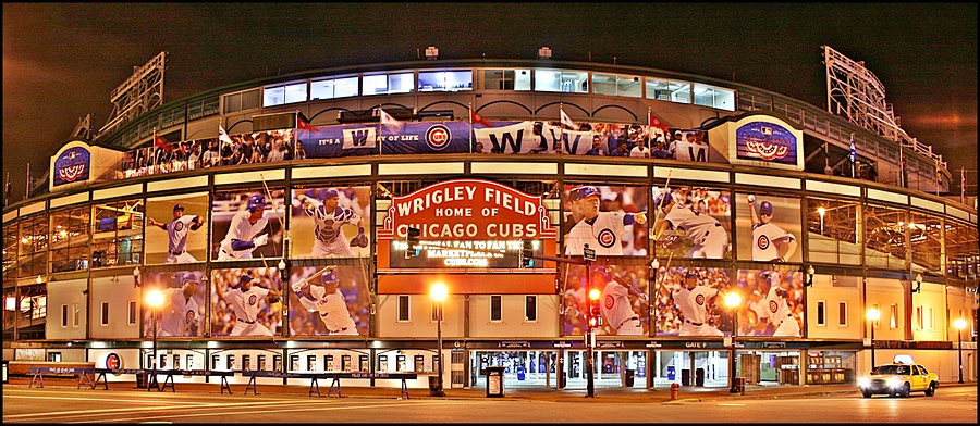 Night view of Wrigley Field, home of the Chicago Cubs.