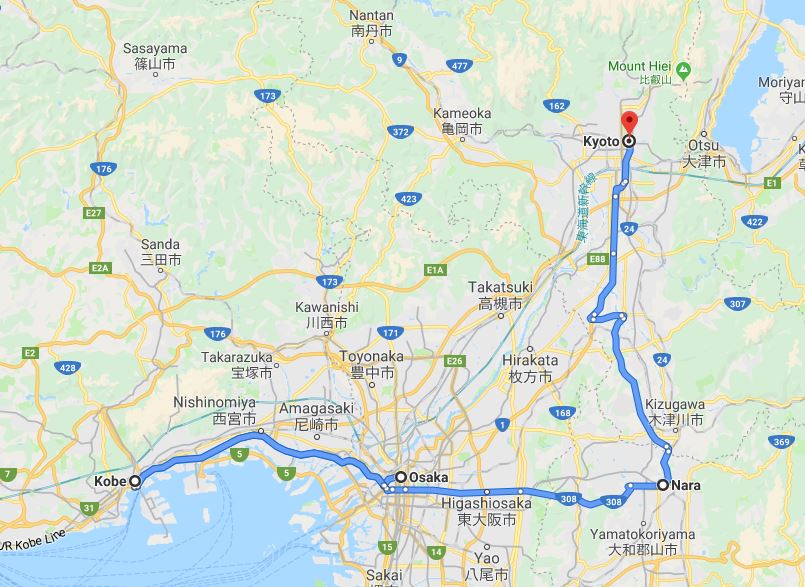 Map, Kobe to Osaka to Nara to Kyoto, Japan