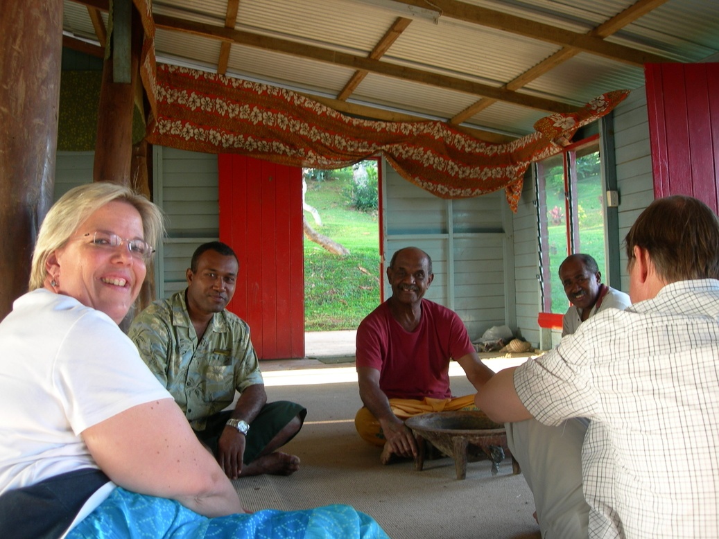 Maureen and Paul with Local Chief at Kava Ceremony, Savusavu, Vanua Levu, Fiji