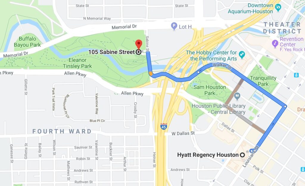 Map from Hyatt Regency Houston To Buffalo Bayou Park Cistern Houston Texas